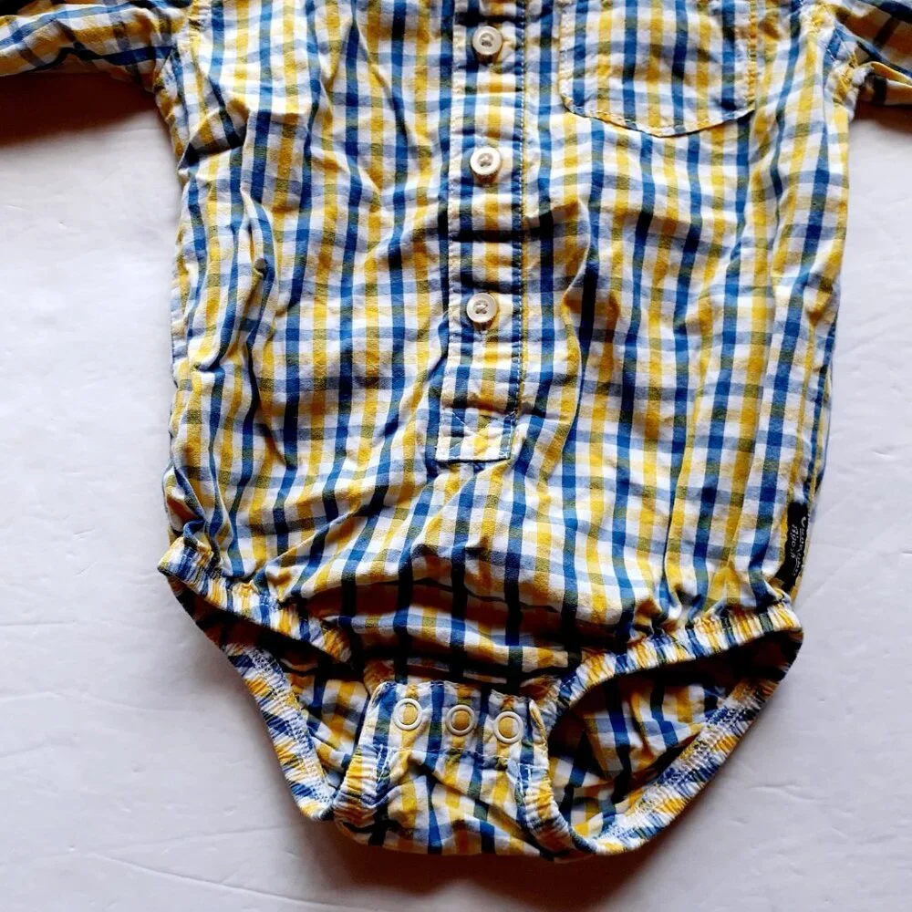 Oshkosh Boys Shirt Button Down Bodysuit Yellow Blue Plaid Long Sleeve 18 Months